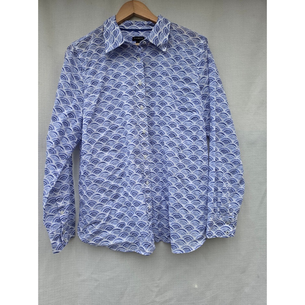 Talbots Shirt Womens L Blue White 100 Cotton Wave Fan Print Button Down Blouse